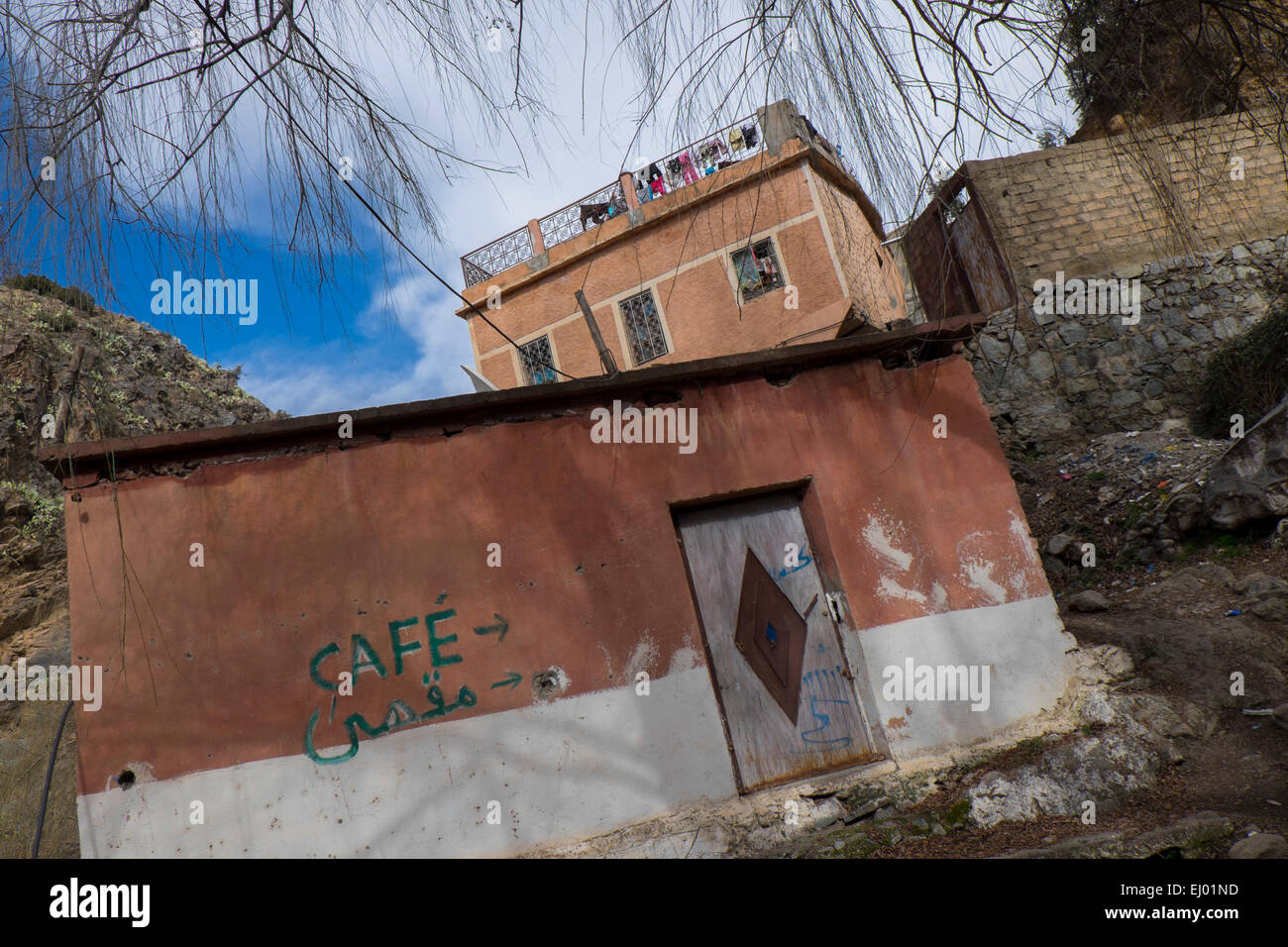 Cafe and House, Setti Fatma village, Ourika Valley, Atlas Mountains, Morocco, North Africa Stock Photo
