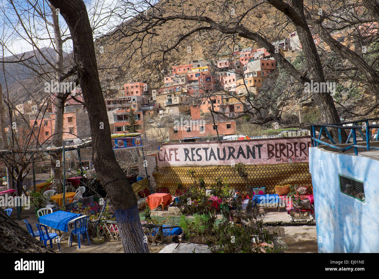Cafe on hillside, Setti Fatma village, Ourika Valley, Atlas Mountains, Morocco, North Africa Stock Photo