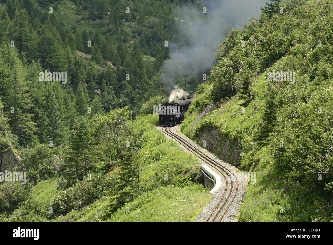 Mountain railway, rack-railway, steam train, steam engine, Furka mountain track, Gletsch, Goms, Alps, Canton, Valais, Switzerland Stock Photo