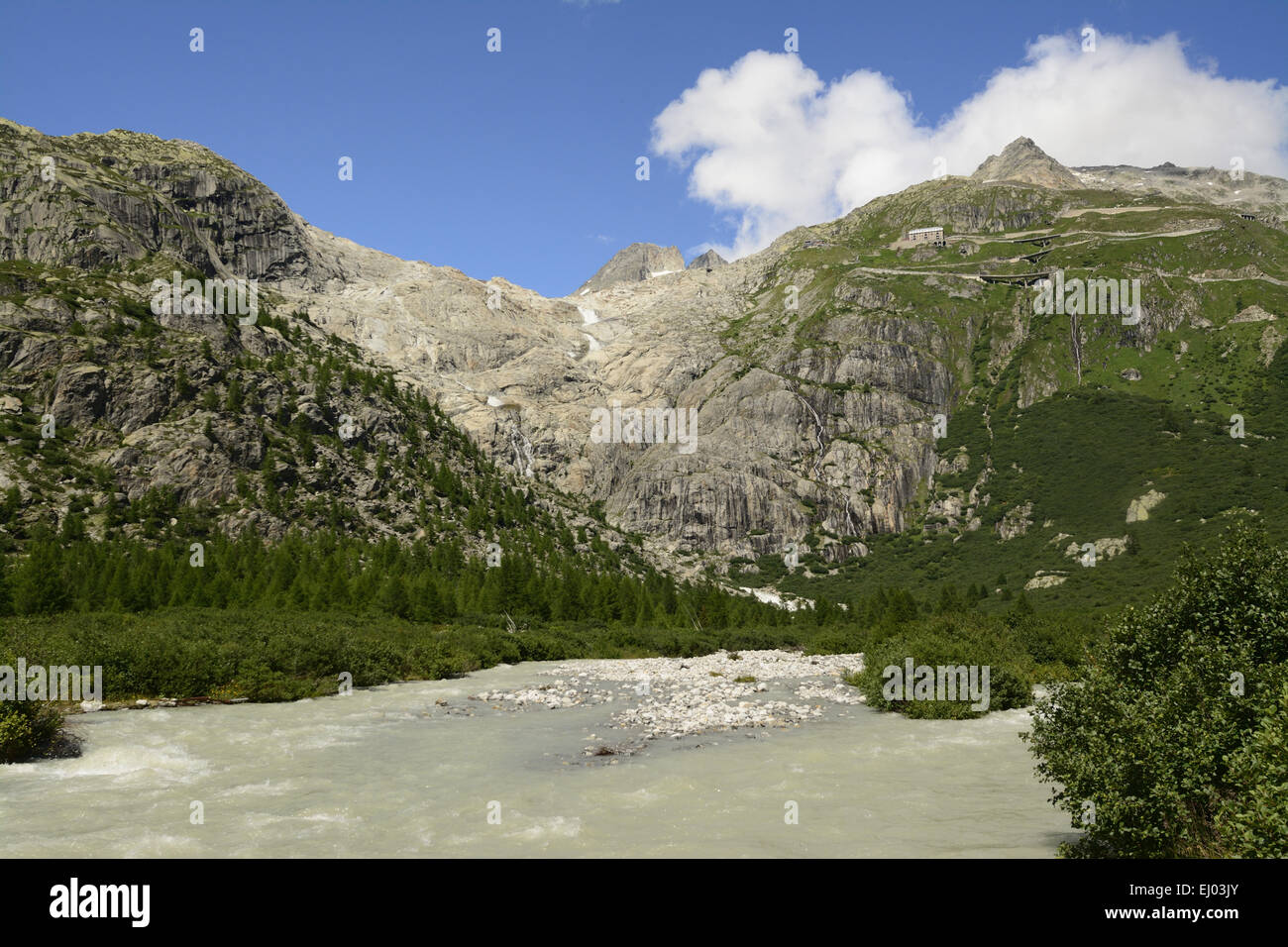River, Rhone, Rotten, source of the Rhone, rock faces, Furka pass, Hotel, Belevedere, Gletsch, Goms, Alps, Canton, Valais, Switze Stock Photo