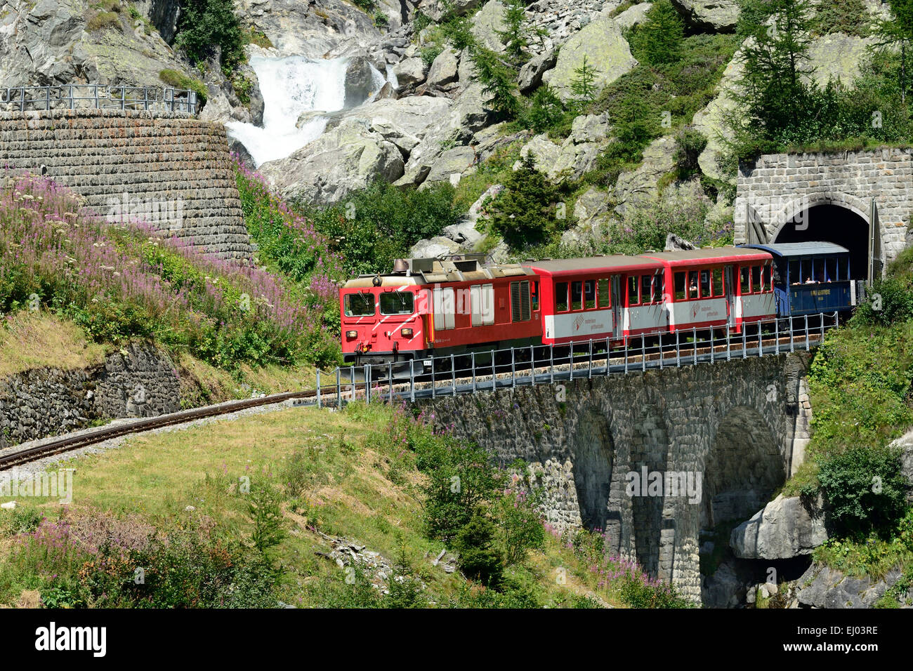 Mountain railway, train, diesel engine, rack-railway, Furka mountain track, Rhone, Rotten, stone bridge, Gletsch, Goms, Alps, Can Stock Photo