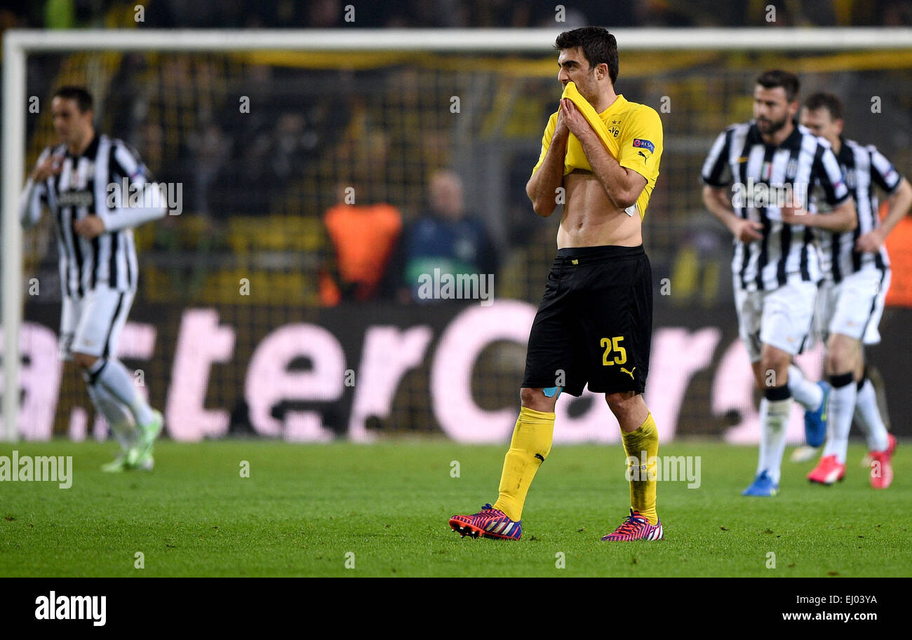 Dortmund, Germany. 18th Mar, 2015. Dortmund's Sokratis reacts during the Champions  League Round of Sixteen soccer match Borussia Dortmund vs Juventus Turin in  Dortmund, Germany, 18 March 2015. Dortmund lost 0-3. Credit: