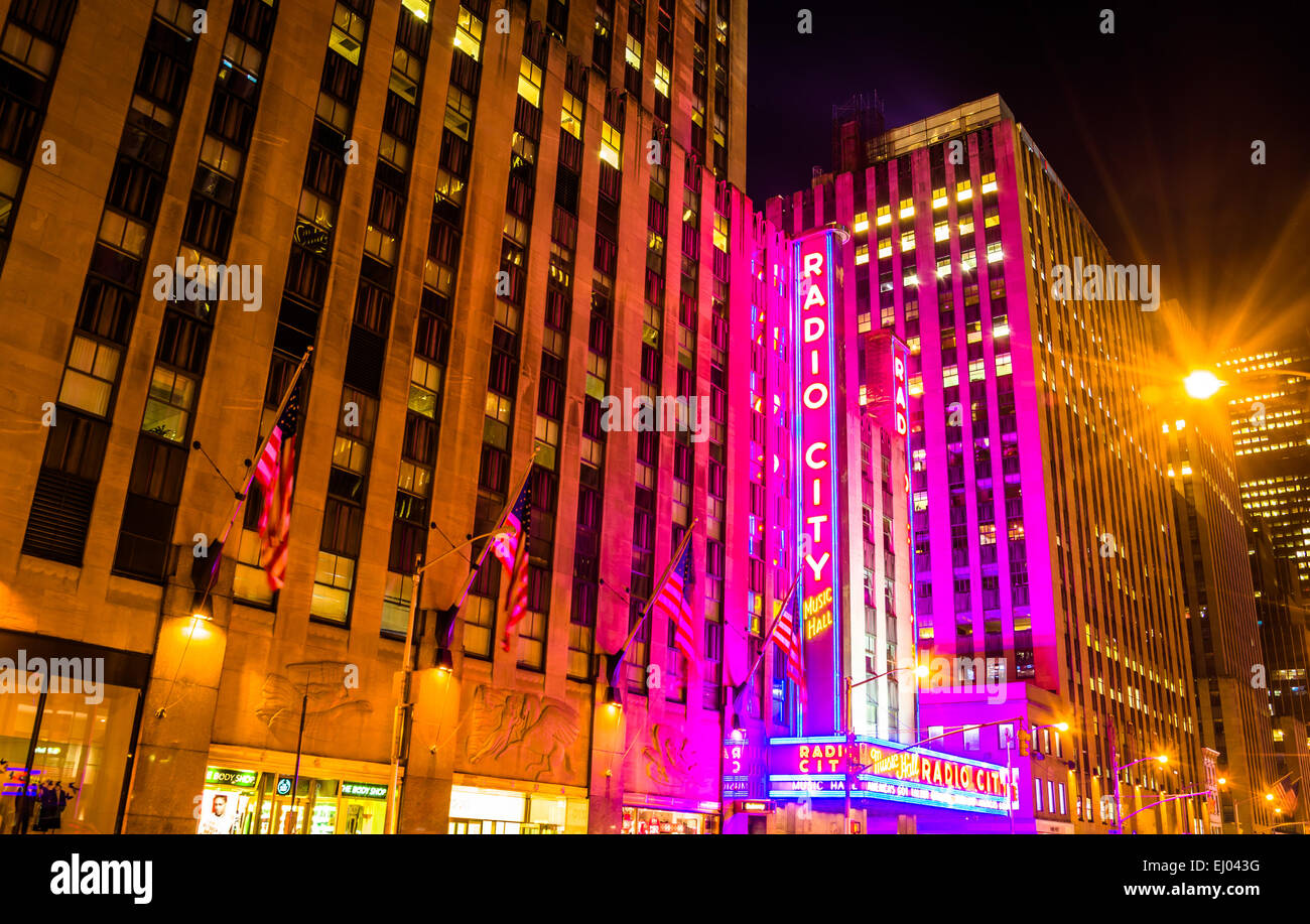 Radio City Music Hall at night, in Rockefeller Center, Manhattan, New York. Stock Photo