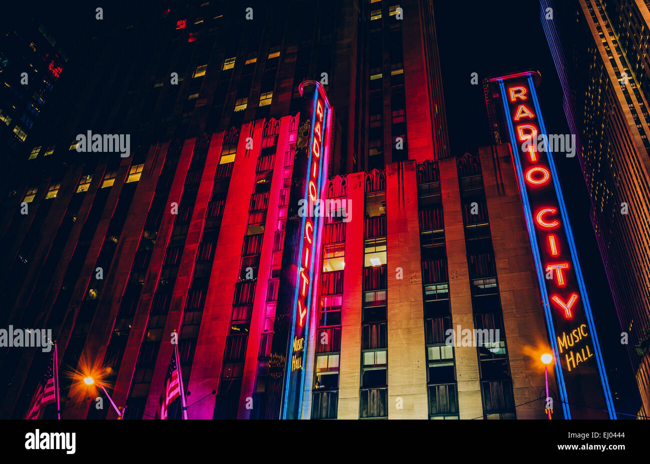 Radio City Music Hall at night, in Rockefeller Center, Manhattan, New York. Stock Photo