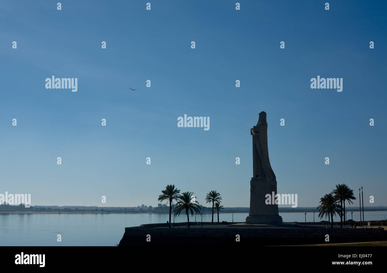 Christopher Columbus Huge Statue on the Tinto riverside, Huelva, Spain Stock Photo
