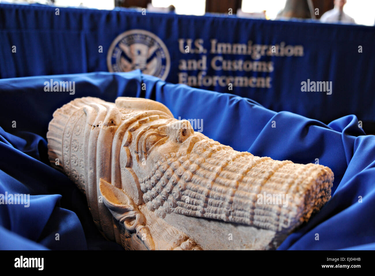 A limestone head of the Assyrian king Sargon II smuggled into the United States before being shipped back to Iraq after U.S. Immigration and Customs Enforcement seized the cultural treasures in a wide investigation March 16, 2014 in Washington, DC. More than 60 items believe looted by the Islamic State were returned in the investigation. Stock Photo