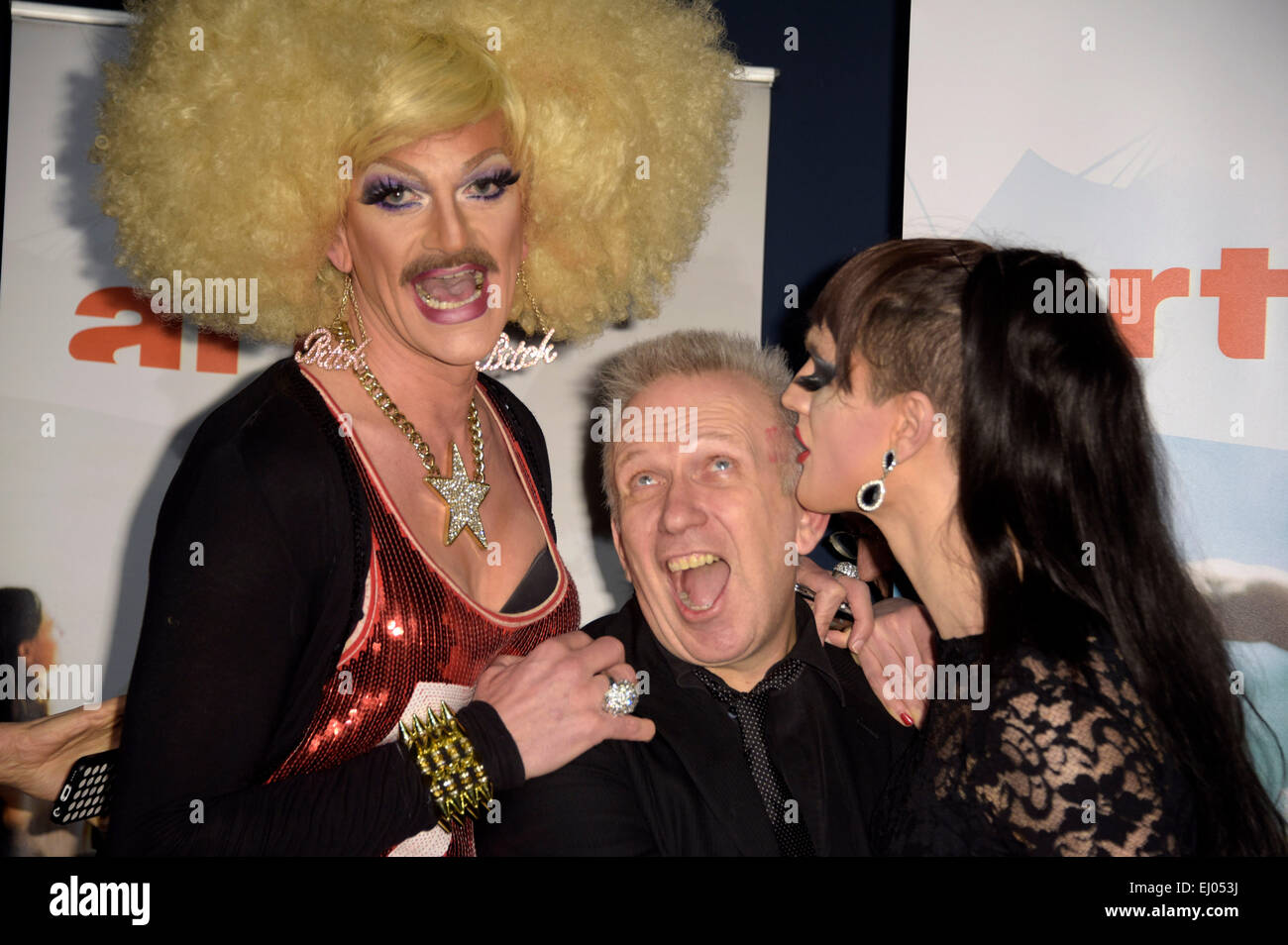 Gloria Viagra, Jean Paul Gaultier, center, Jacky-Oh Weinhaus at the  premiere of the documentary film 'Jean Paul Gaultier arbeitet' on March 16,  2015 at the Schwuz in Berlin./picture alliance Stock Photo -