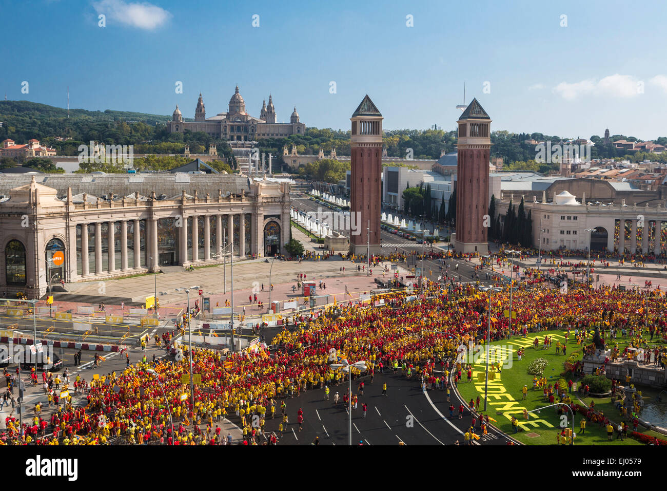 Barcelona, City, Espana, Square, Human, Montjuich, Hill, Diada, Spain, Europe, Catalonia, celebration, colourful, crowd, Demonstr Stock Photo