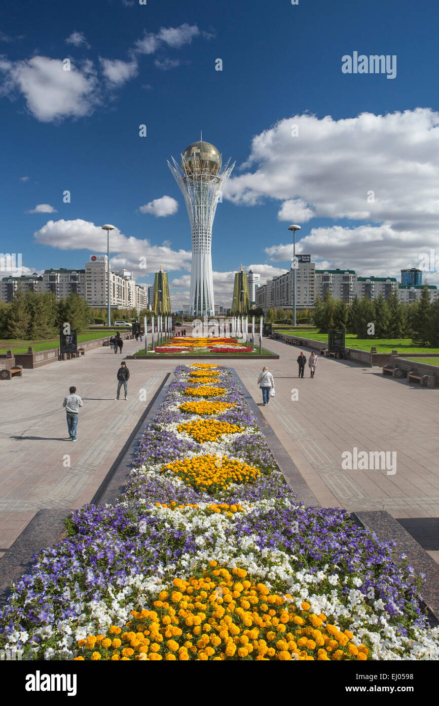 Astana, Avenue, Bayterek, Boulevard, City, Flowers, Plants, Kazakhstan, Central Asia, Monument, New City, Nurzhol, architecture, Stock Photo