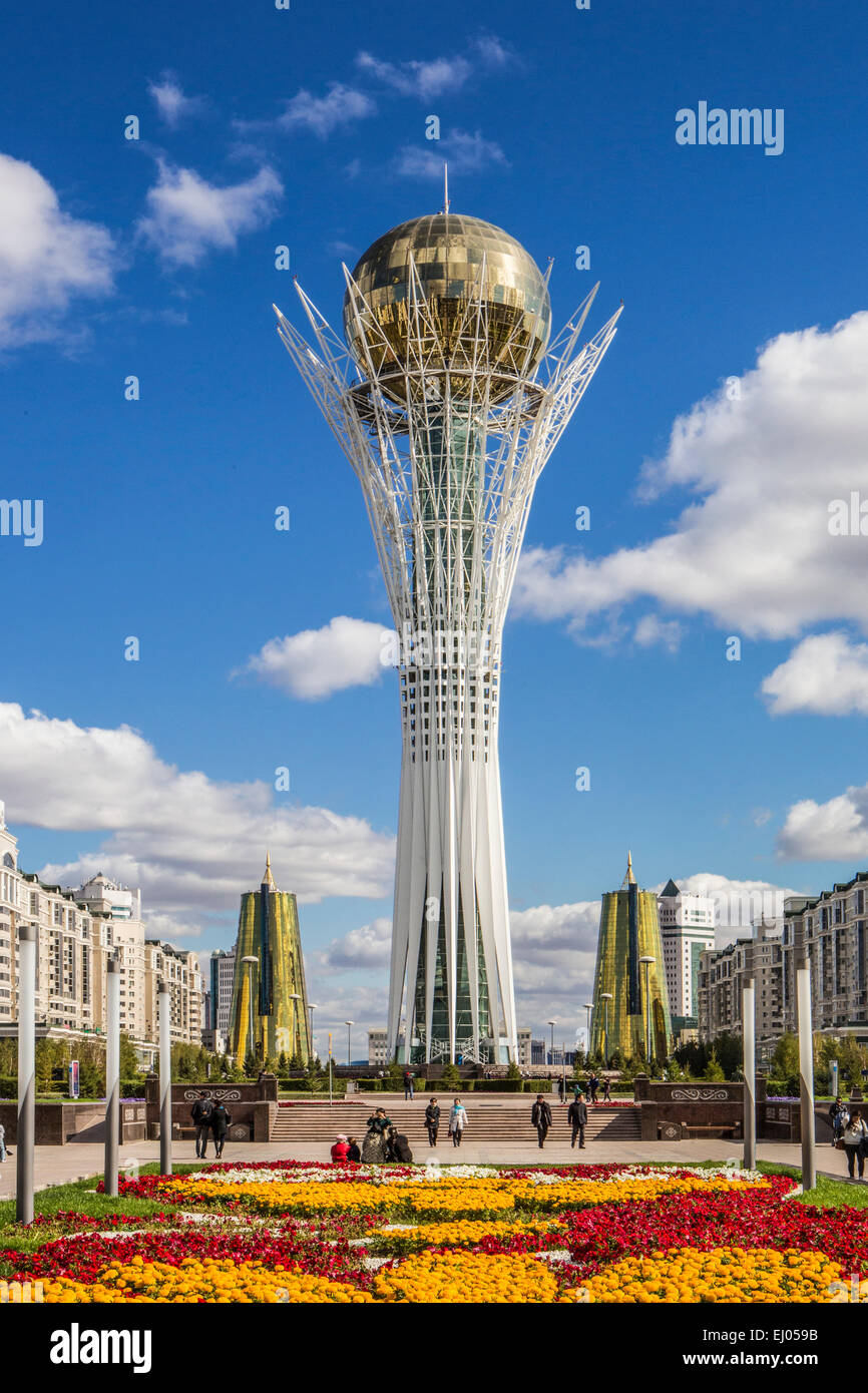 Astana, Avenue, Bayterek, Boulevard, City, Flowers, Plants, Kazakhstan, Central Asia, Monument, New City, Nurzhol, architecture, Stock Photo