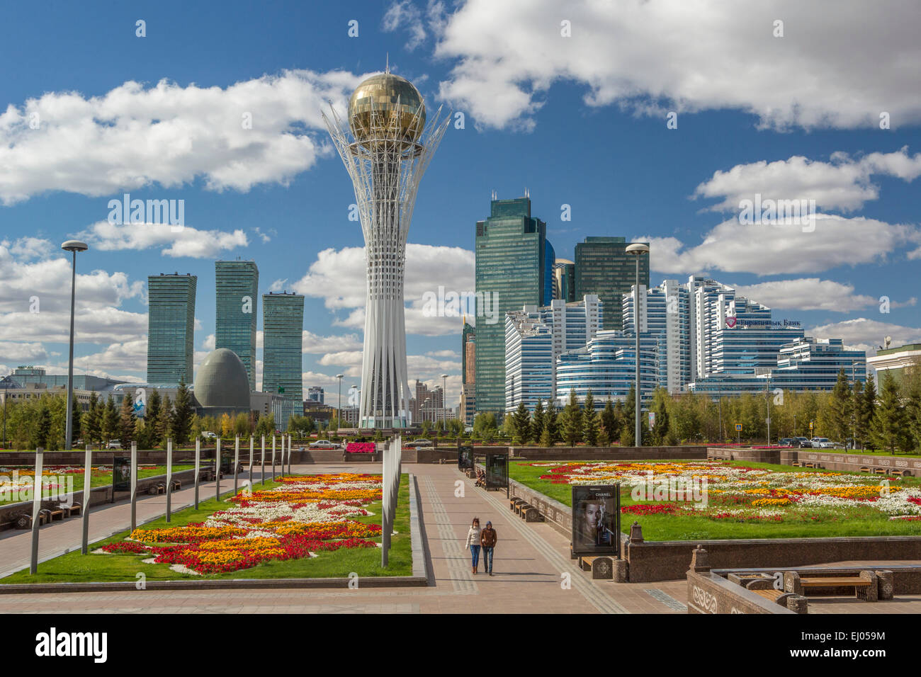Astana, Avenue, Bayterek, Boulevard, City, Flowers, Plants, Kazakhstan, Central Asia, Monument, New City, Nurzhol, architecture, Stock Photo