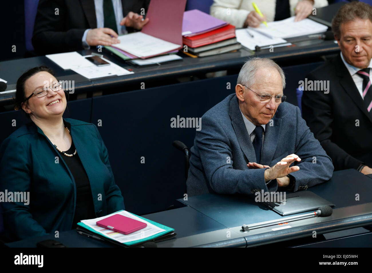 Berlin, Germany. 19th Mar, 2015. Delivery of a governmental declaration by the German Chancellor Angela Merkel in the Bundestag on March 19, 2015 in Berlin, Germany. / Picture: Andrea Nahles (SPD), German Minister of Labour and Social Affairs, and Wolfgang SchŠuble (CDU), German Minister of Finance. Credit: Reynaldo Chaib Paganelli/Alamy Live News Stock Photo