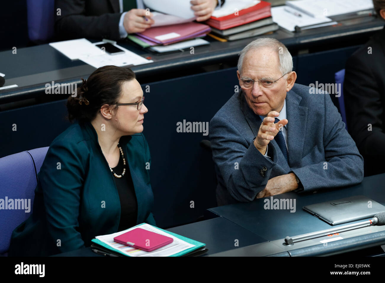 Berlin, Germany. 19th Mar, 2015. Delivery of a governmental declaration by the German Chancellor Angela Merkel in the Bundestag on March 19, 2015 in Berlin, Germany. / Picture: Andrea Nahles (SPD), German Minister of Labour and Social Affairs, and Wolfgang SchŠuble (CDU), German Minister of Finance. Credit: Reynaldo Chaib Paganelli/Alamy Live News Stock Photo
