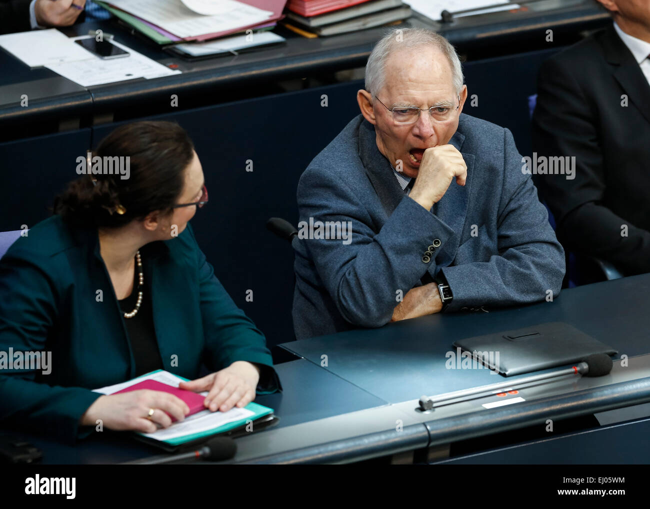 Berlin, Germany. 19th Mar, 2015. Delivery of a governmental declaration by the German Chancellor Angela Merkel in the Bundestag on March 19, 2015 in Berlin, Germany. / Picture: Andrea Nahles (SPD), German Minister of Labour and Social Affairs, and Wolfgang SchŠuble (CDU), German Minister of Finance. Credit: Reynaldo Chaib Paganelli/Alamy Live News Stock Photo