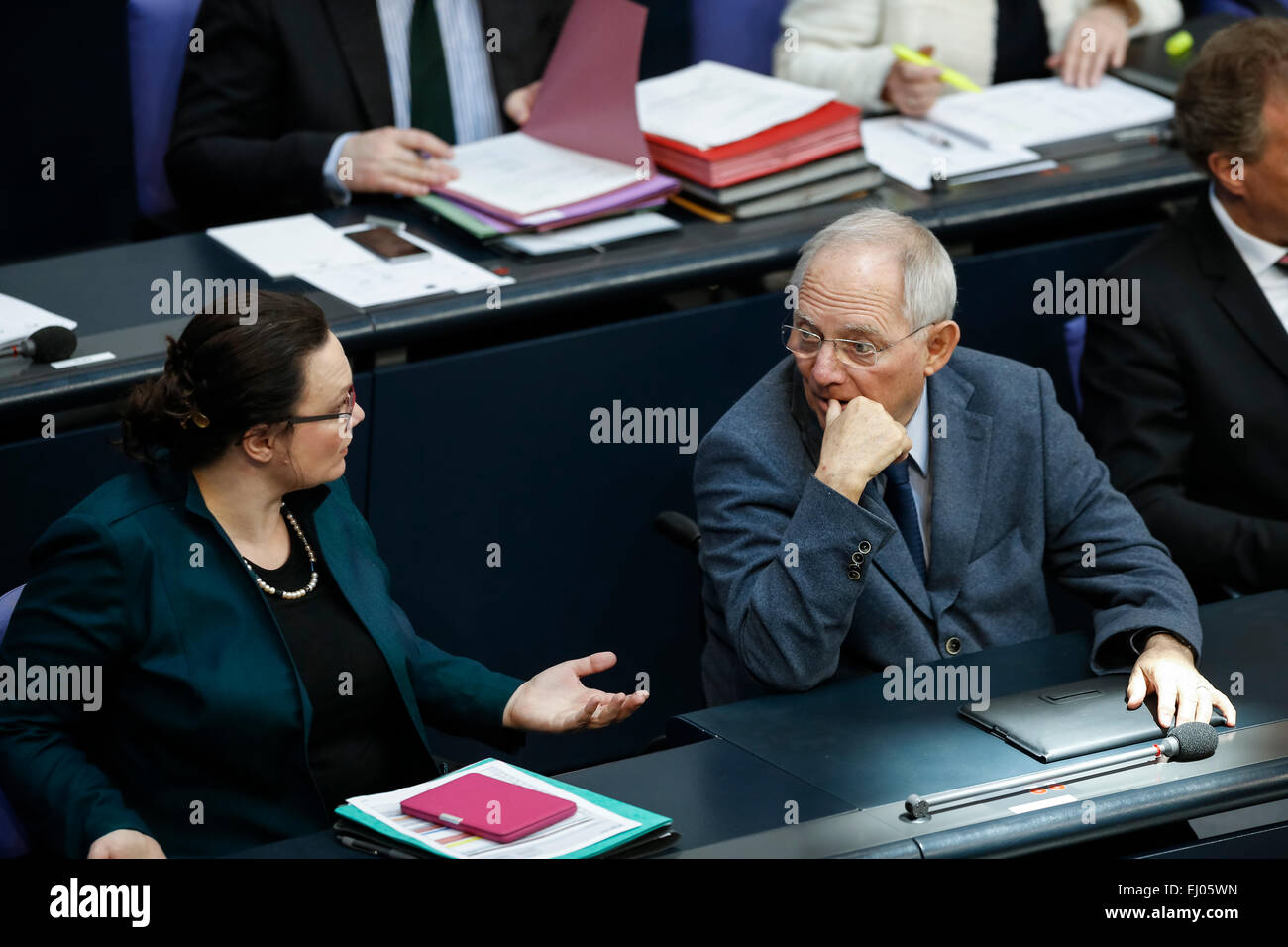 Berlin, Germany. 19th Mar, 2015. Delivery of a governmental declaration by the German Chancellor Angela Merkel in the Bundestag on March 19, 2015 in Berlin, Germany. / Picture: Andrea Nahles (SPD), German Minister of Labour and Social Affairs, and Wolfgang SchŠuble (CDU), German Minister of Finance. Credit: Reynaldo Chaib Paganelli/Alamy Live News Stock Photo