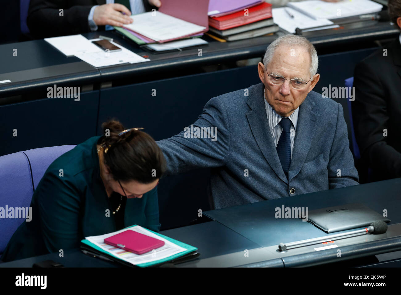 Berlin, Germany. 19th Mar, 2015. Delivery of a governmental declaration by the German Chancellor Angela Merkel in the Bundestag on March 19, 2015 in Berlin, Germany. / Picture: Andrea Nahles (SPD), German Minister of Labour and Social Affairs, and Wolfgang SchŠuble (CDU), German Minister of Finance. Credit: Reynaldo Chaib Paganelli/Alamy Live News Stock Photo