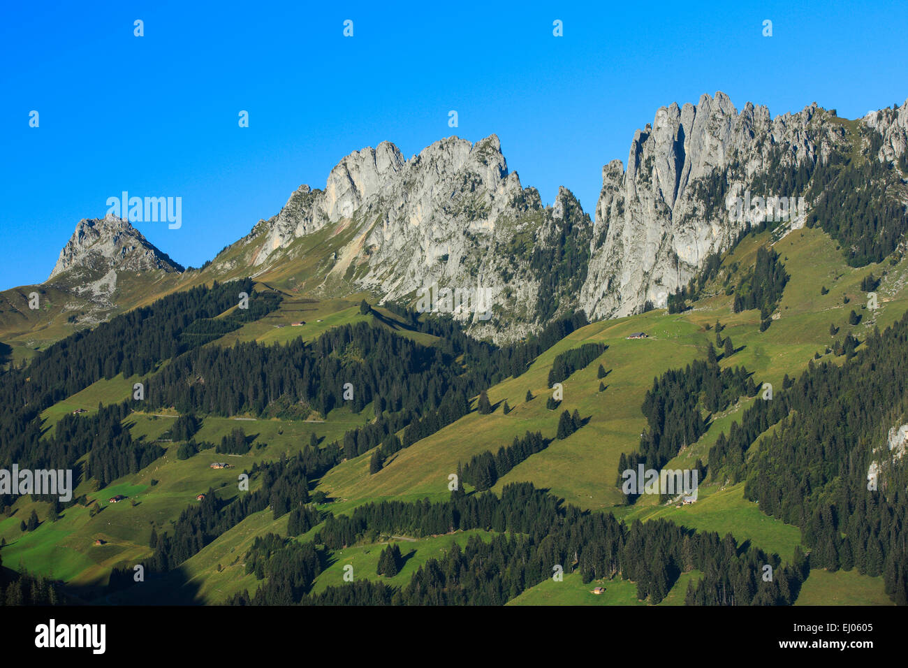 Alps, View, Jaun pass, mountain, mountain panorama, mountains, mountain massif, canton Bern, Dolomites of Switzerland, Swiss Dolo Stock Photo