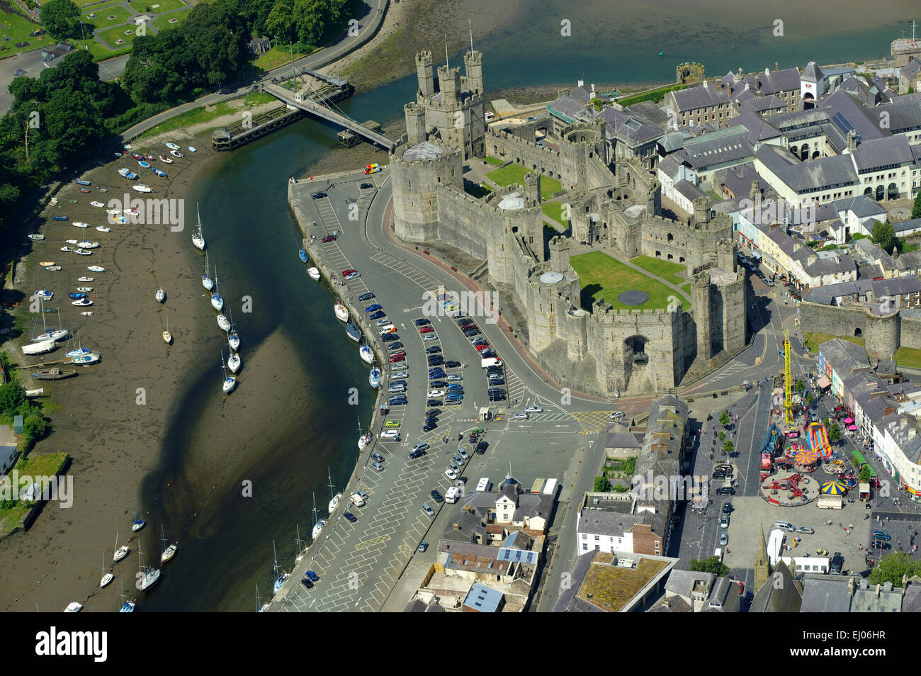 Aerial, Caernarfon Castle, Gwynedd;,North Wales Stock Photo