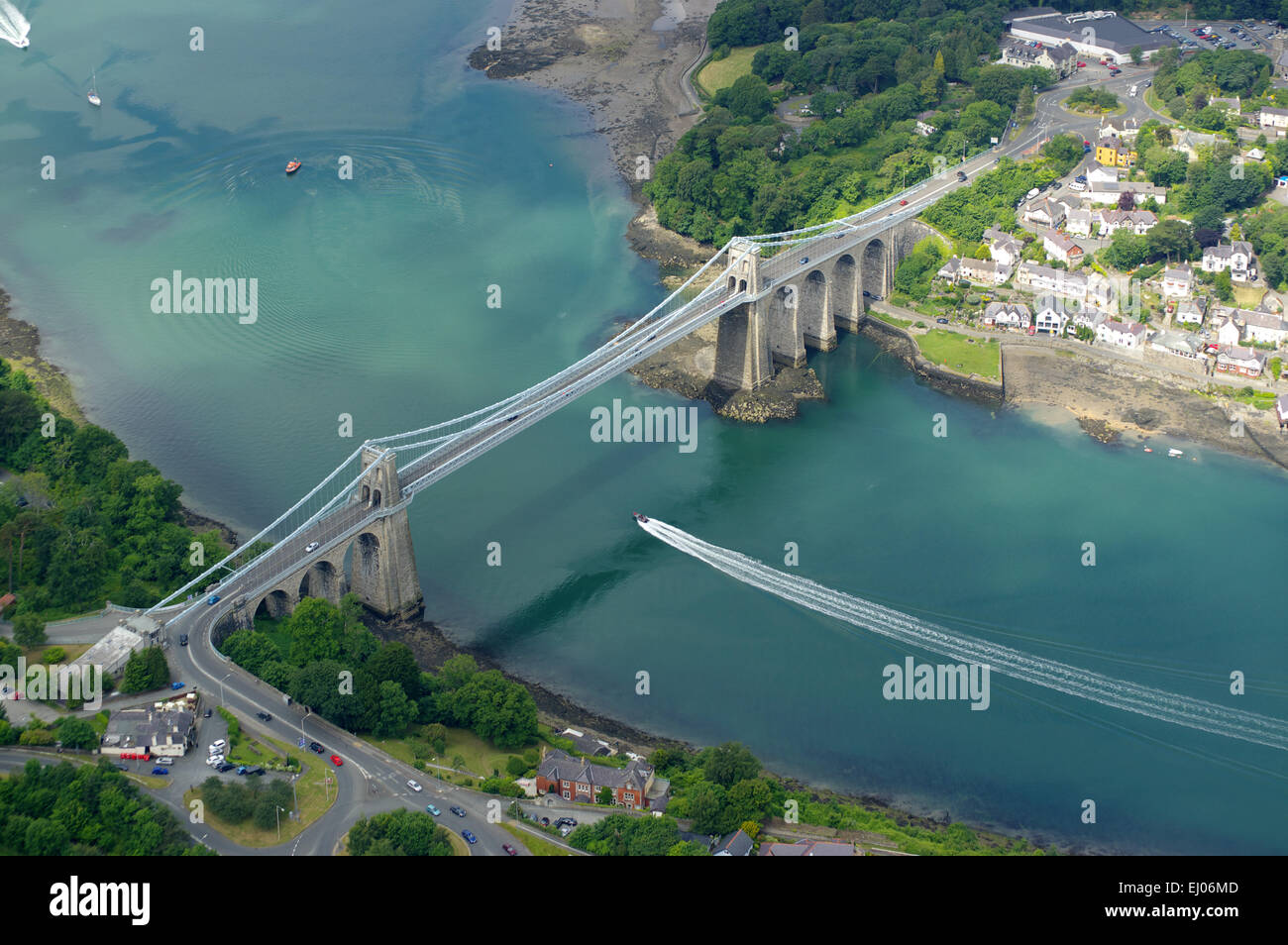 Aerial, Menai Bridge, Menai Strait, Gwynedd Stock Photo