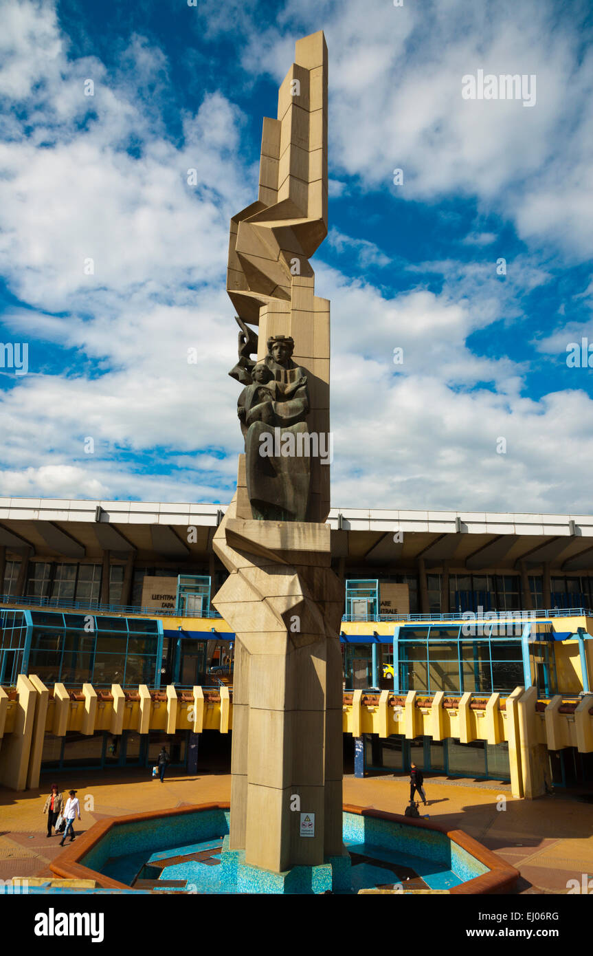 Socialist era sculpture and fountain, in front of railway station ...