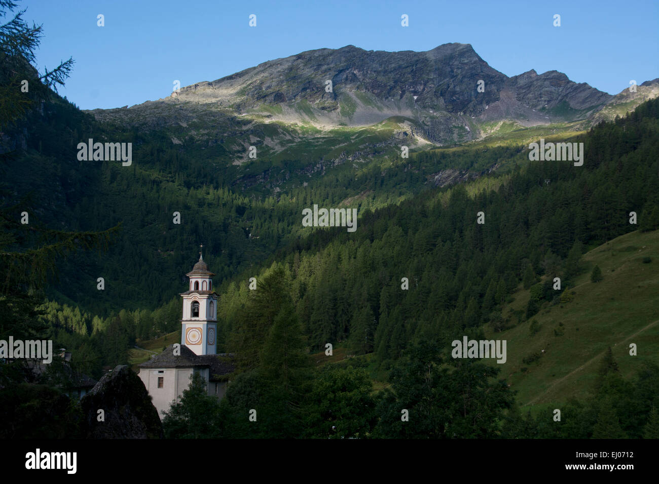 Switzerland, Europe, Ticino, Bosco Gurin, church, village church, morning, wood, forest, pastures, willows, Madone, Batnall, Ritz Stock Photo