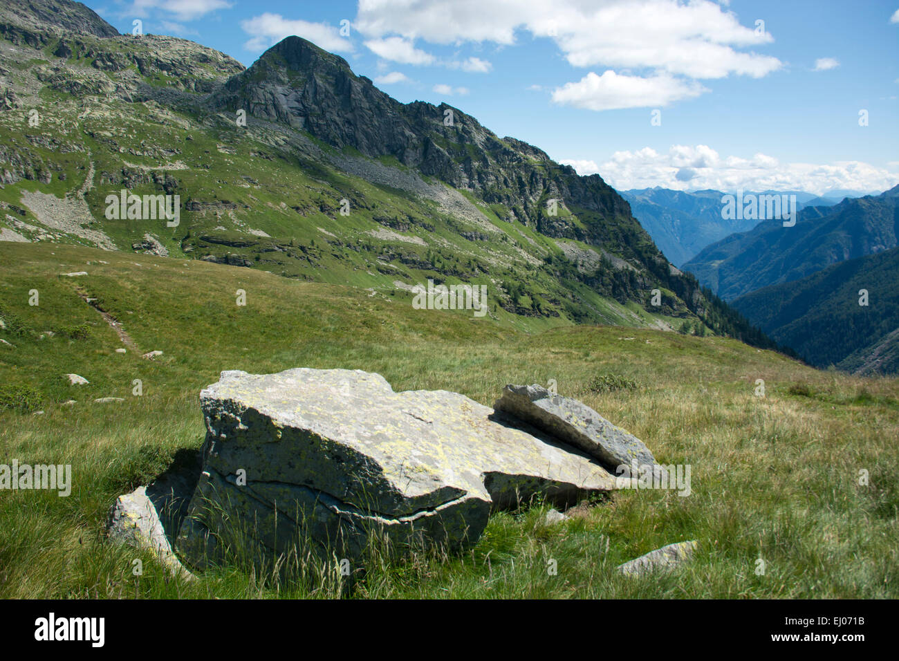 Switzerland, Europe, Ticino, Bosco Gurin, Alp, meadow, rock, cliff, summer, Herli, panorama, mountains, Parco Nazionale del Locar Stock Photo
