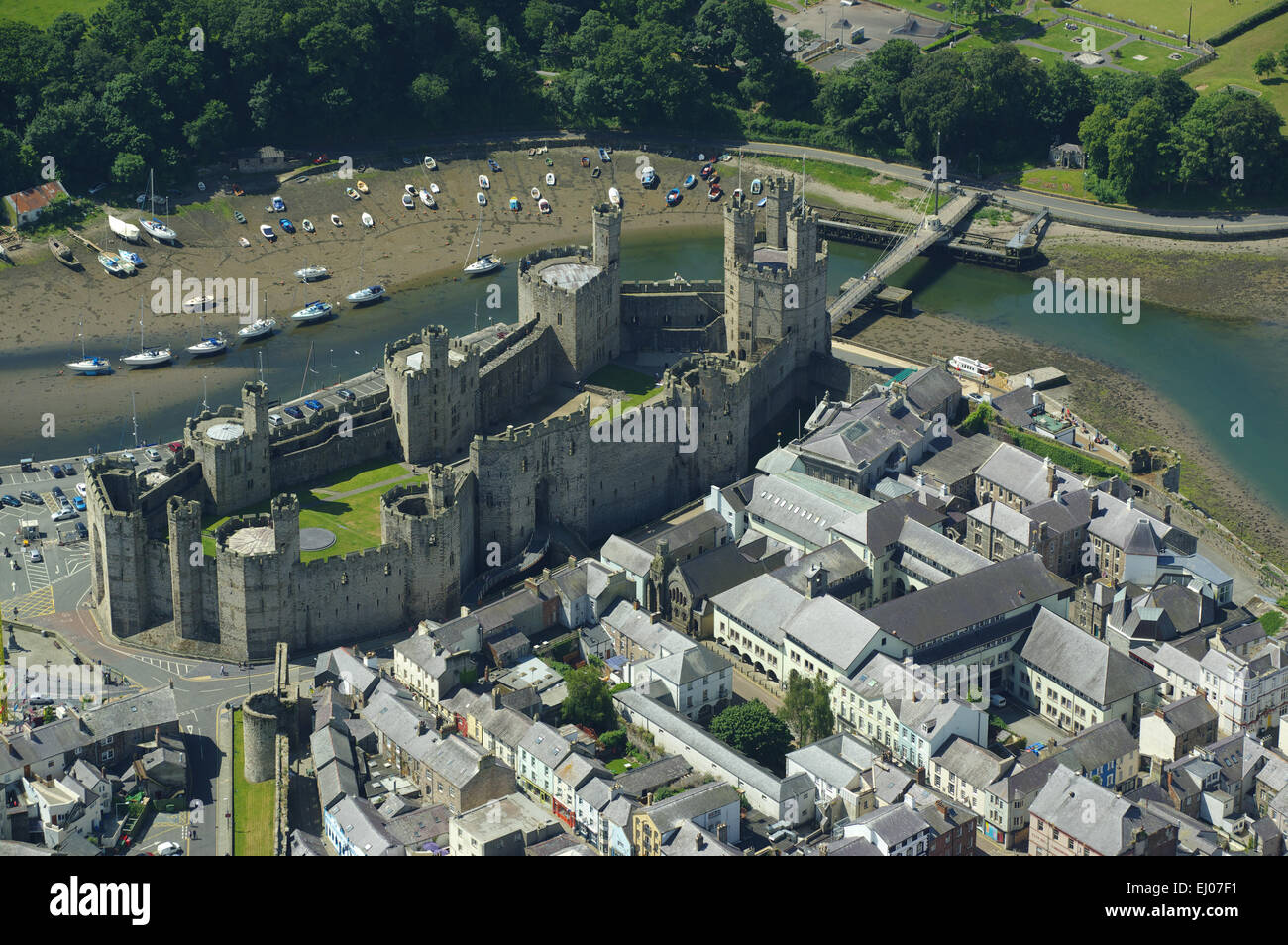 Aerial, Caernarfon Castle, Gwynedd;,North Wales Stock Photo