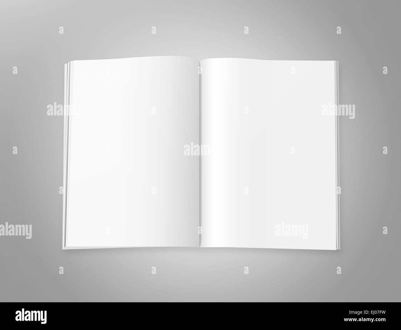 Blank magazine with double spread pages, on a gray background with shadows. Stock Photo