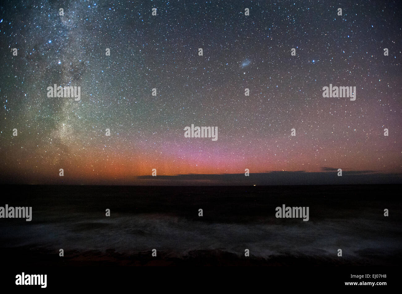 aurora australis (southern lights) and night sky from 13th beach. barwon heads. Victoria. Australia. 10pm 18mar2015. Stock Photo