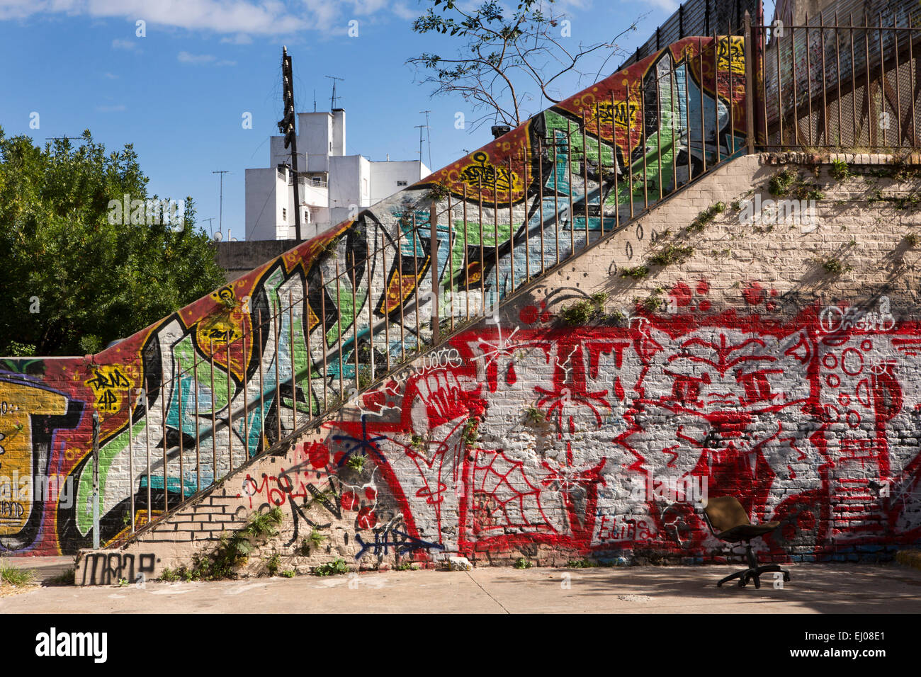 Argentina, Buenos Aires, Almagro, Pringles, grafitti on steps to railway footbridge Stock Photo