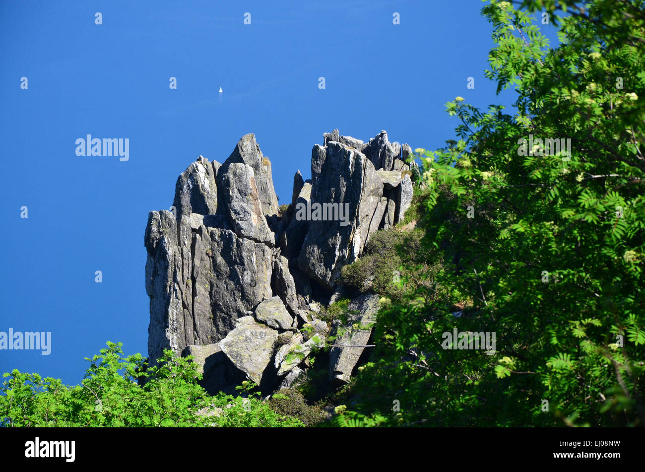 Switzerland, Europe, Ticino, Brissago, Parco Nazionale del Locarnese, rock, cliff, lake, Lago di Maggiore Stock Photo