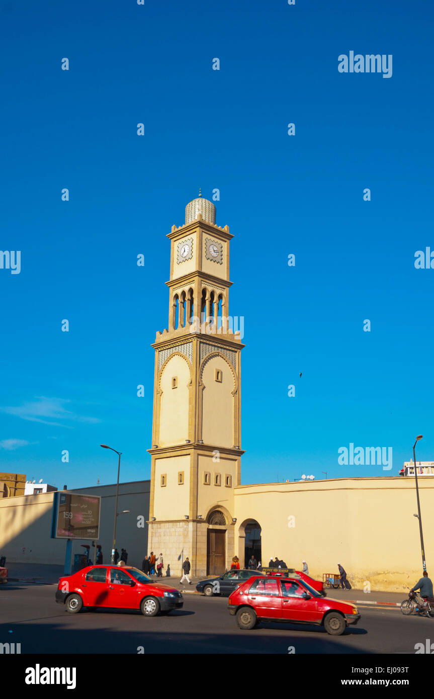 Petit taxis, in front of Clock Tower, Place des Nations Unies, ville nouvelle, Casablanca, Morocco, northern Africa Stock Photo