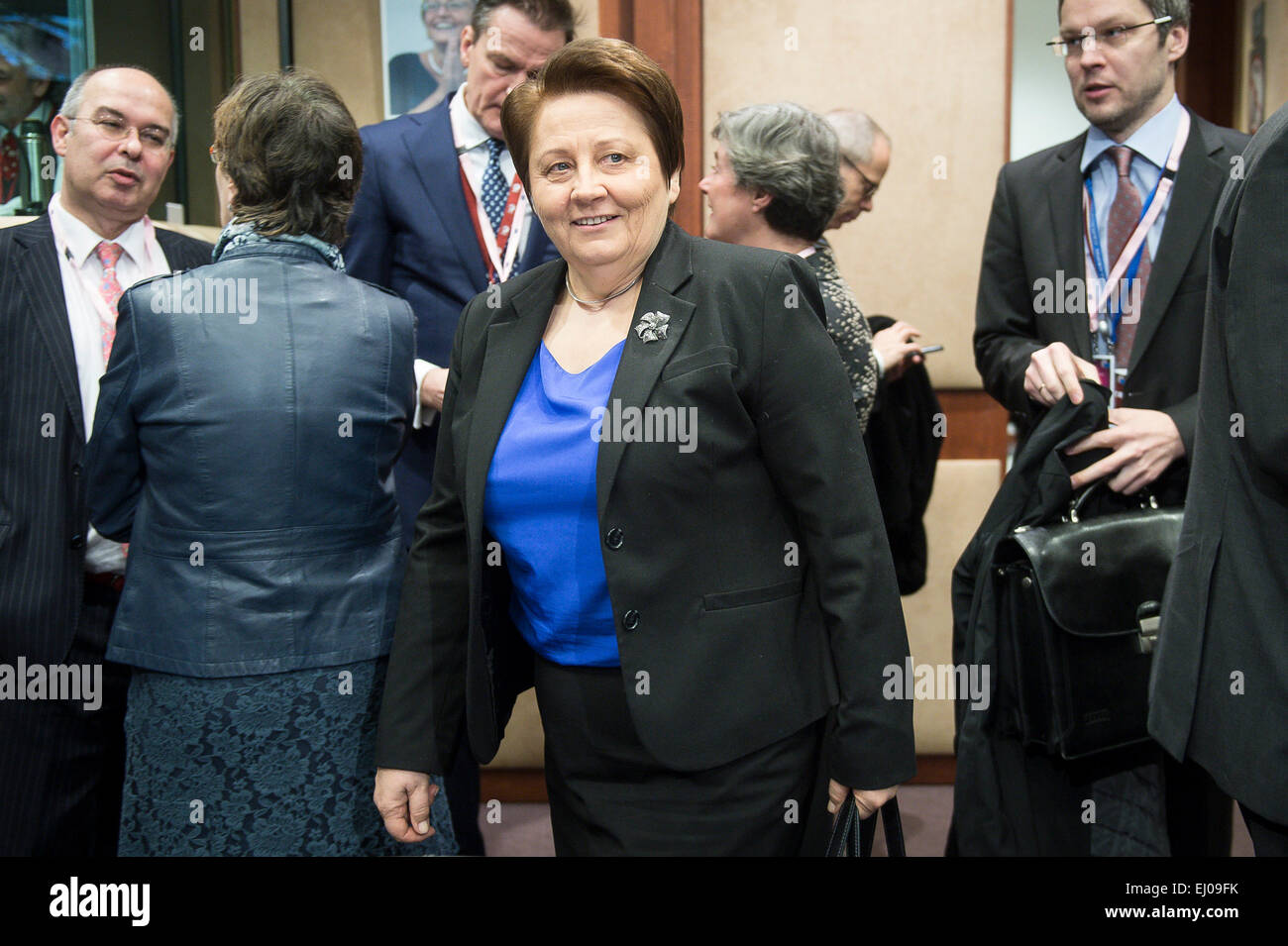 Latvia Prime Minister Laimdota Straujuma at the start of a Tripartite Social Summit ahead of the EU Summit in Brussels, Belgium on 19.03.2015 by Wiktor Dabkowski Stock Photo