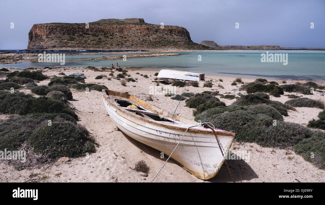 Akrotiri Tigani, Balos, blue, boat, bay, Gramvousa, Greece, Europe, peninsula, island, isle, Crete, Mediterranean, sea, pirate ba Stock Photo