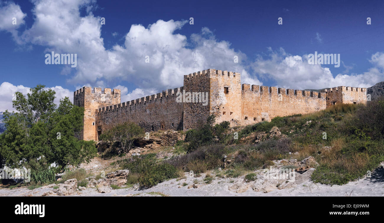 Castle, castle wall, Chora Sfakion, fortress, Frangokastello, Greece, Europe, Hora Sfakion, island, isle, fort, Crete, Mediterran Stock Photo