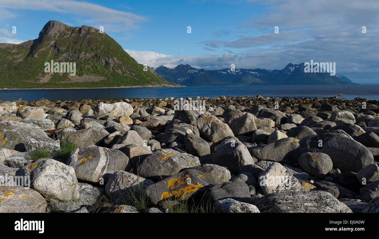 Bay, mountains, stone, Grunnfarnes, coast, costal, range, scenery, landscape, sea, northern, Nordic, North Sea, Norway, Europe, S Stock Photo