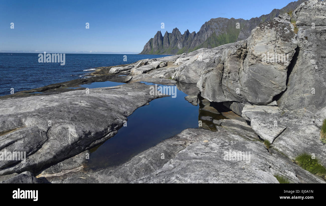 Blue, bay, rock, cliff, rock coast, fjord, mountains, granite, sky, blue, coast, costal, range, scenery, landscape, sea, nature, Stock Photo