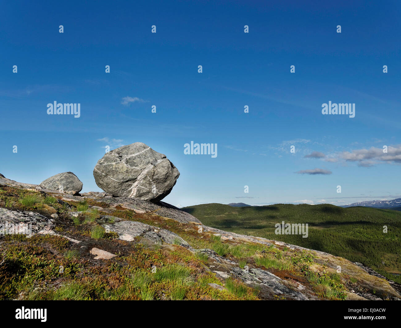 View, blue, boulder, rock, cliff, rock, sky, scenery, landscape, nature, Norway, Europe, Senja, Scandinavia, stone, taiga, Troms, Stock Photo