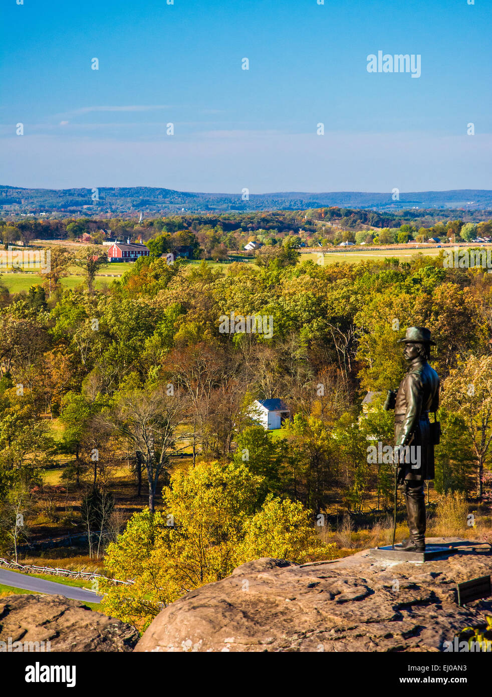 Statue and view battlefields from Little Round Top, in Gettysburg