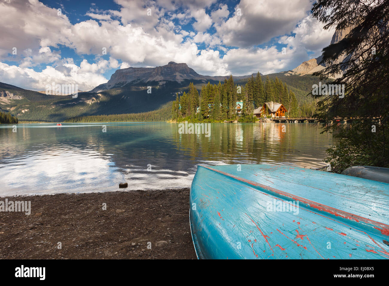 A boat by the shore of Emerald Lake, Yoho National Park. British Columbia Canada. Stock Photo