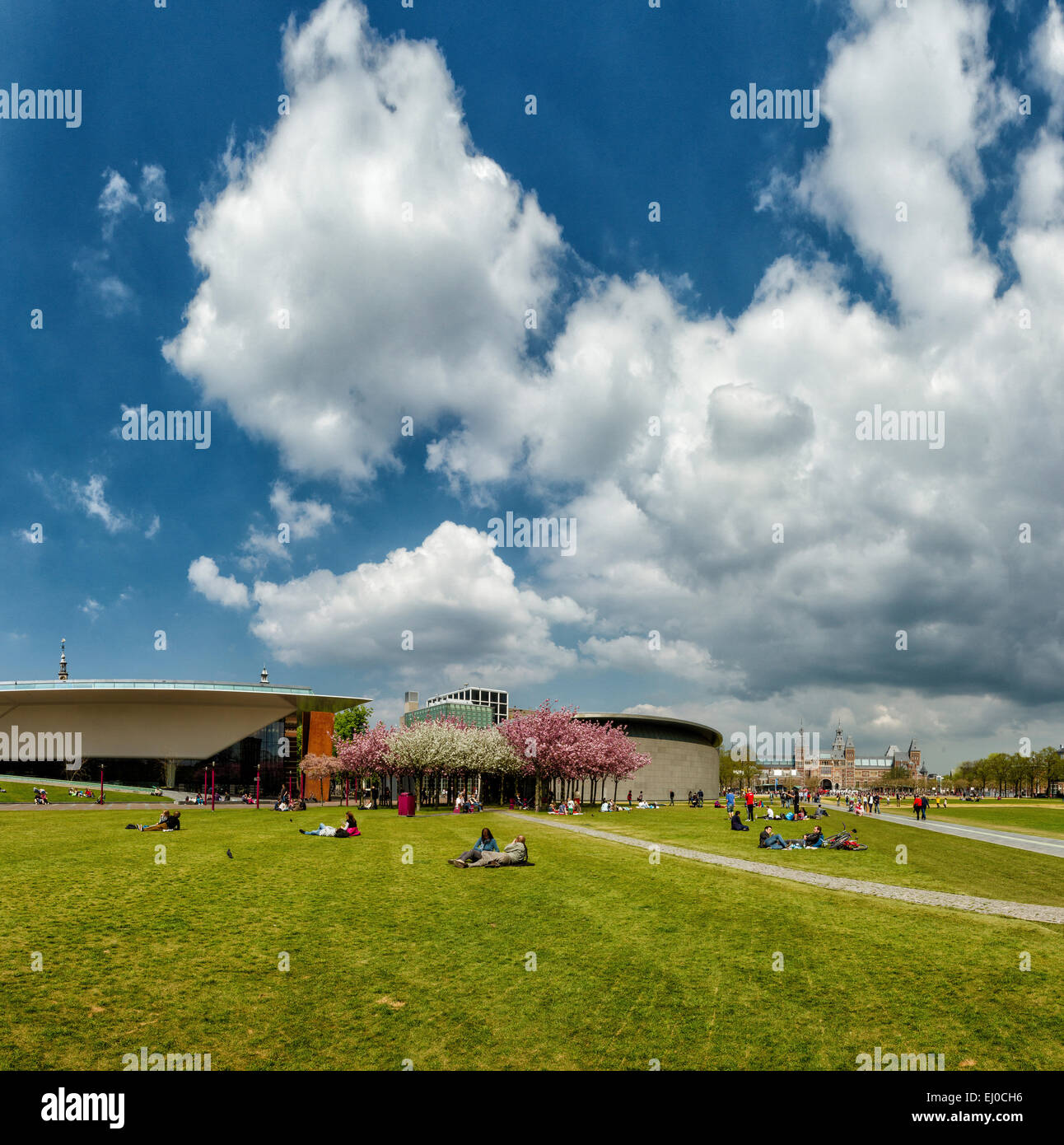 Amsterdam, Netherlands, Holland, Europe, city, village, field, meadow, spring, people, clouds, Museum, Stedelijk, Van Gogh, Rijks Stock Photo