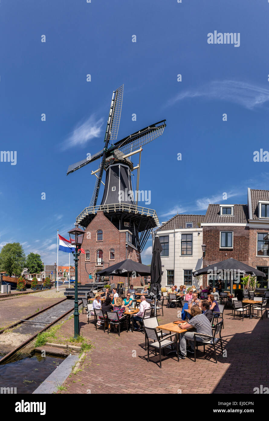 Haarlem, Netherlands, Holland, Europe, windmill, summer, people, outdoor cafe, Tower windmill, De Adriaan Stock Photo