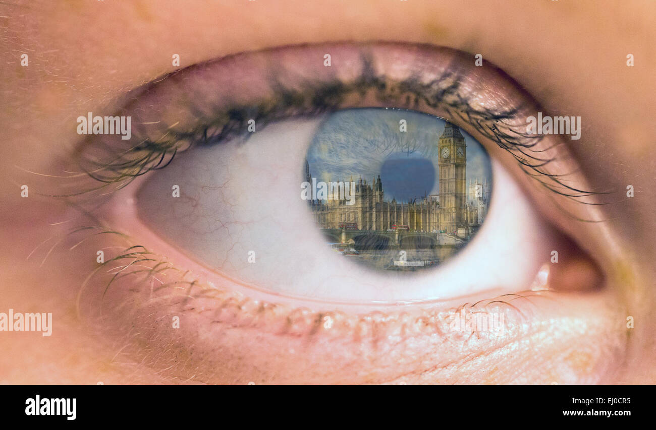 Close-up of an eye with Big Ben and the Houses of Parliament reflected in it Stock Photo