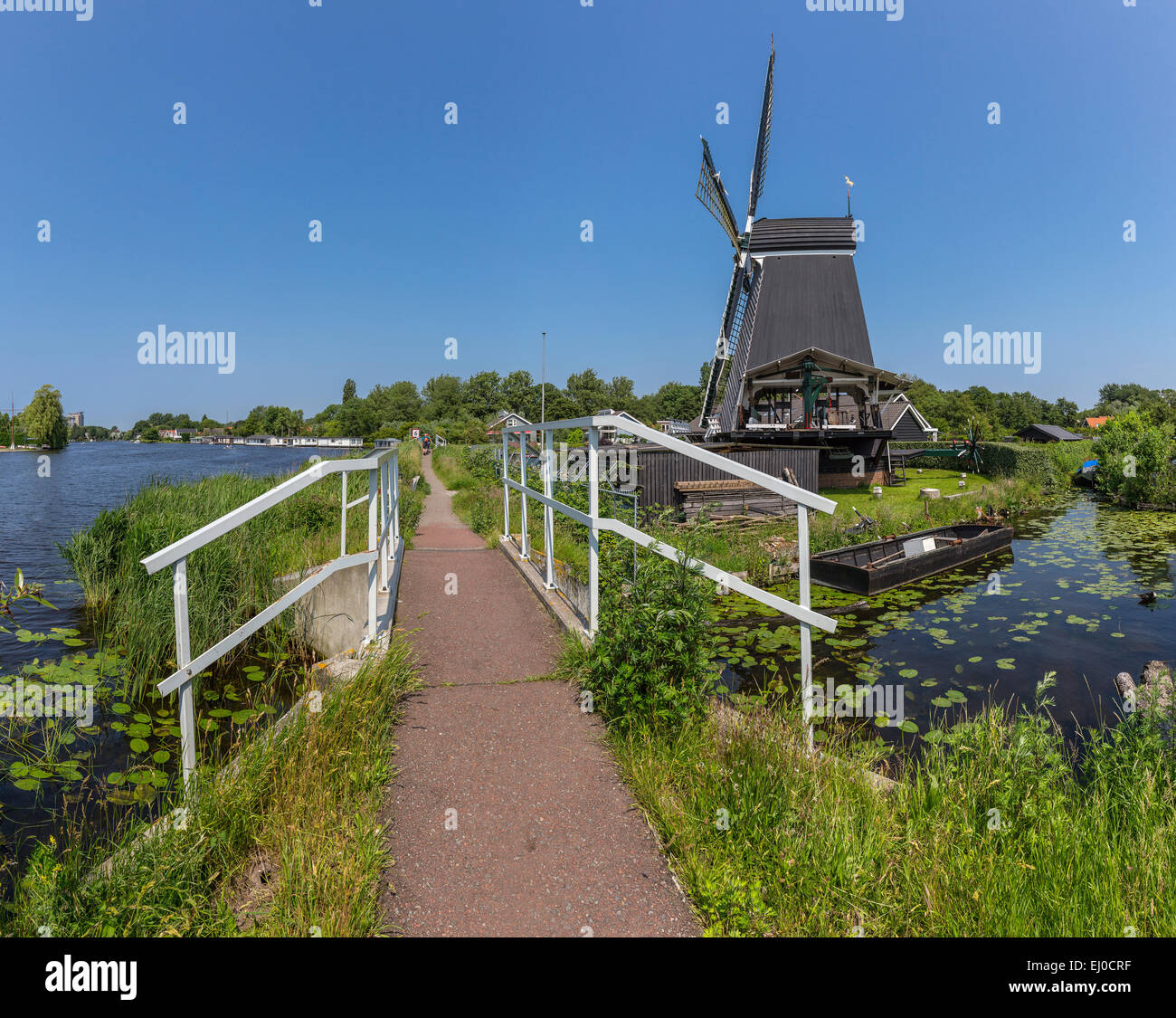 Haarlem, Netherlands, Holland, Europe, windmill, water, summer, Post-mill, sawmill, The Unicorn Stock Photo