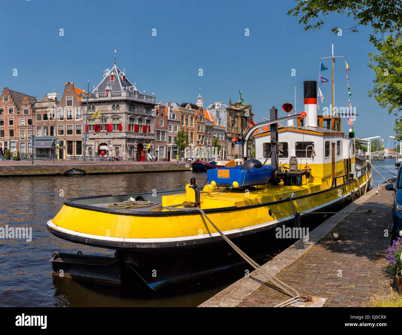 Haarlem, Netherlands, Holland, Europe, city, village, water, summer, ships, boat, Tugboat, Weigh house, Spaarne, canal Stock Photo