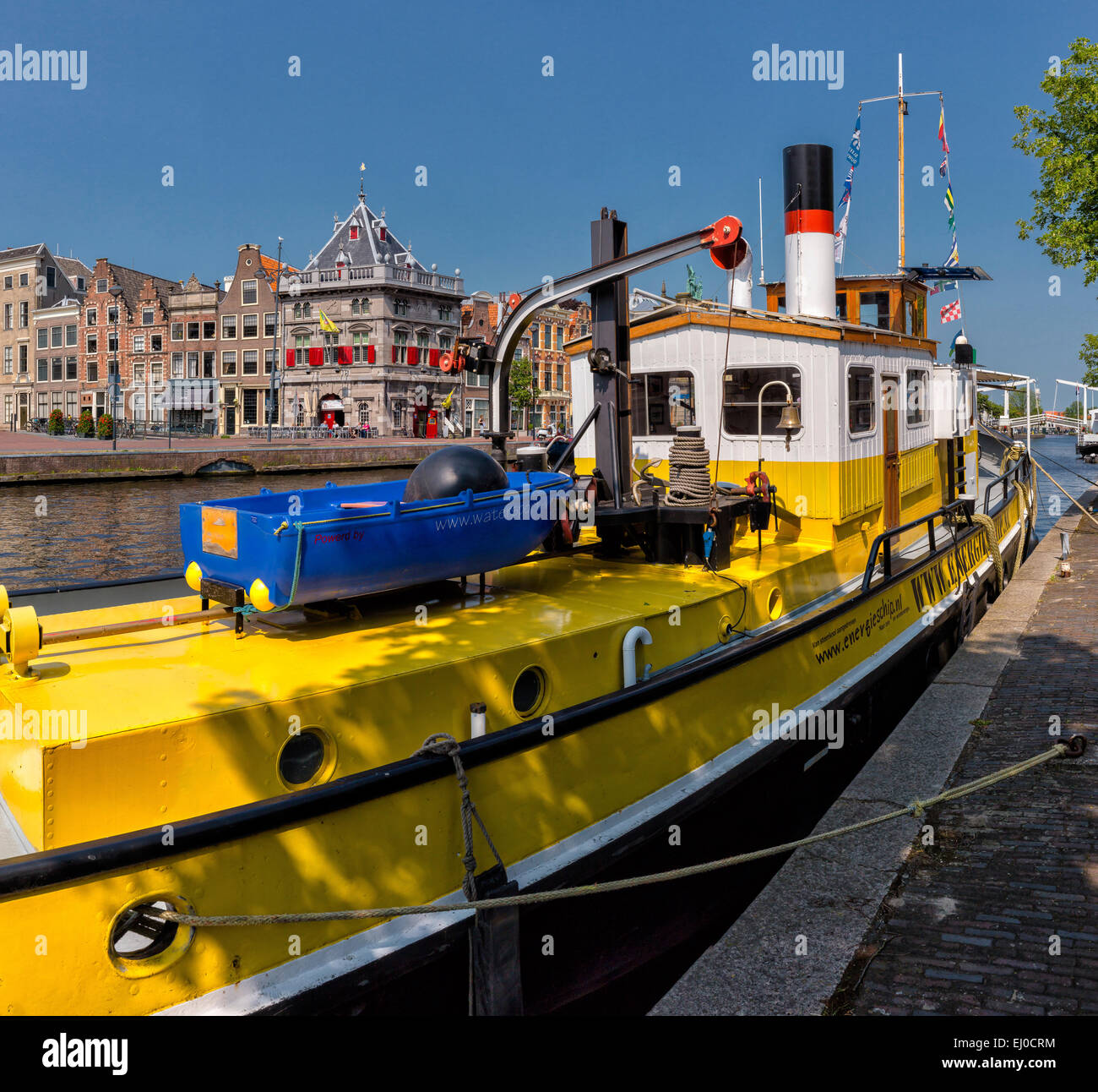 Haarlem, Netherlands, Holland, Europe, city, village, water, summer, ships, boat, Tugboat, Weigh house, Spaarne, canal Stock Photo