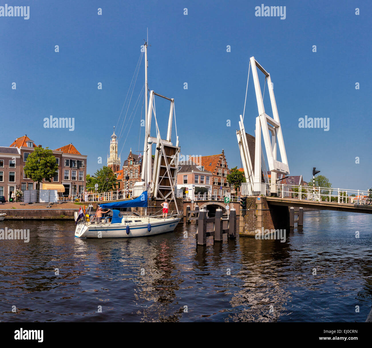 Haarlem, Netherlands, Holland, Europe, city, village, water, summer, people, ships, boat, sailing ship, open, bridge, drawbridge, Stock Photo