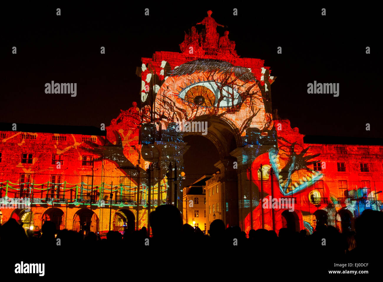 3d light projections at the Augusta arch located in Lisbon, Portugal. Stock Photo