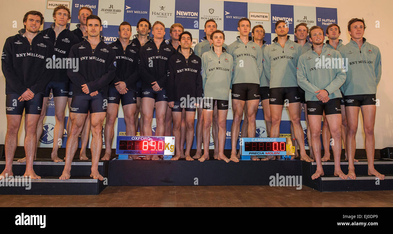 London, UK. 19th March, 2015. University Boat Race crew announcement in London  OUBC: [Bow] Will Geffen, [2] Tom Swartz, [3] Henry Goodier, [4] James OÕConnor, [5] James Cook, [6] Michael DiSanto, [7] Sam OÕConnor, [stroke] Constantine LouLoudis, [Cox] William Hakim.  CUBC [Bow] Jasper Holst, [2] Luke Juckett, [3] Ben Ruble, [4] Alex Leichter, [5] Will Warr, [6] Matt Jackson, [7] Josh Hooper, [stroke] Henry Hoffstot, [Cox] Ian Middleton. Stephen Bartholomew/Stephen Bartholomew Photography/Alamy Live News Stock Photo