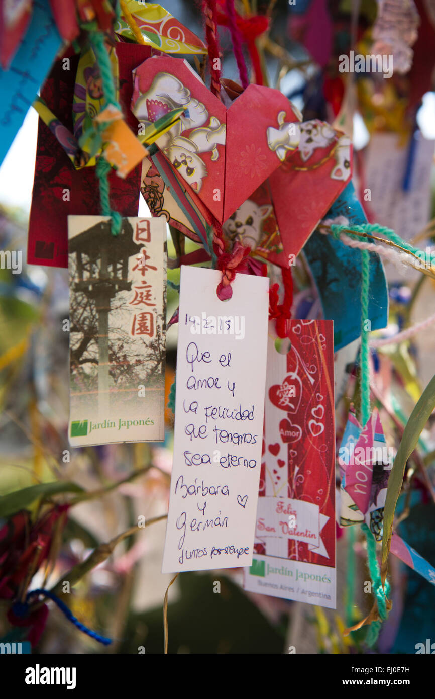 Argentina, Buenos Aires, Retiro, Japanese Garden, Jardin Japones, written messages on wish tree Stock Photo